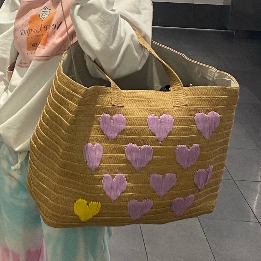 Purple and Yellow Heart Wicker Tote Bag